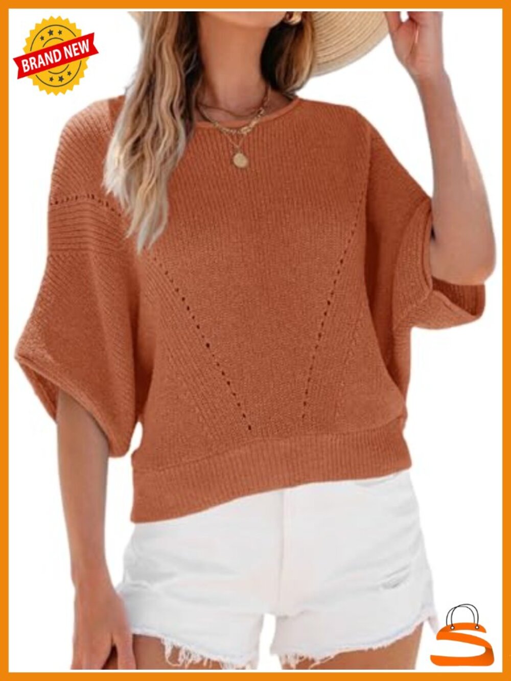 Women's Short Batwing Sleeve Crochet Knit Crew Neck Pullover Sweater Top - Picture 1 of 6